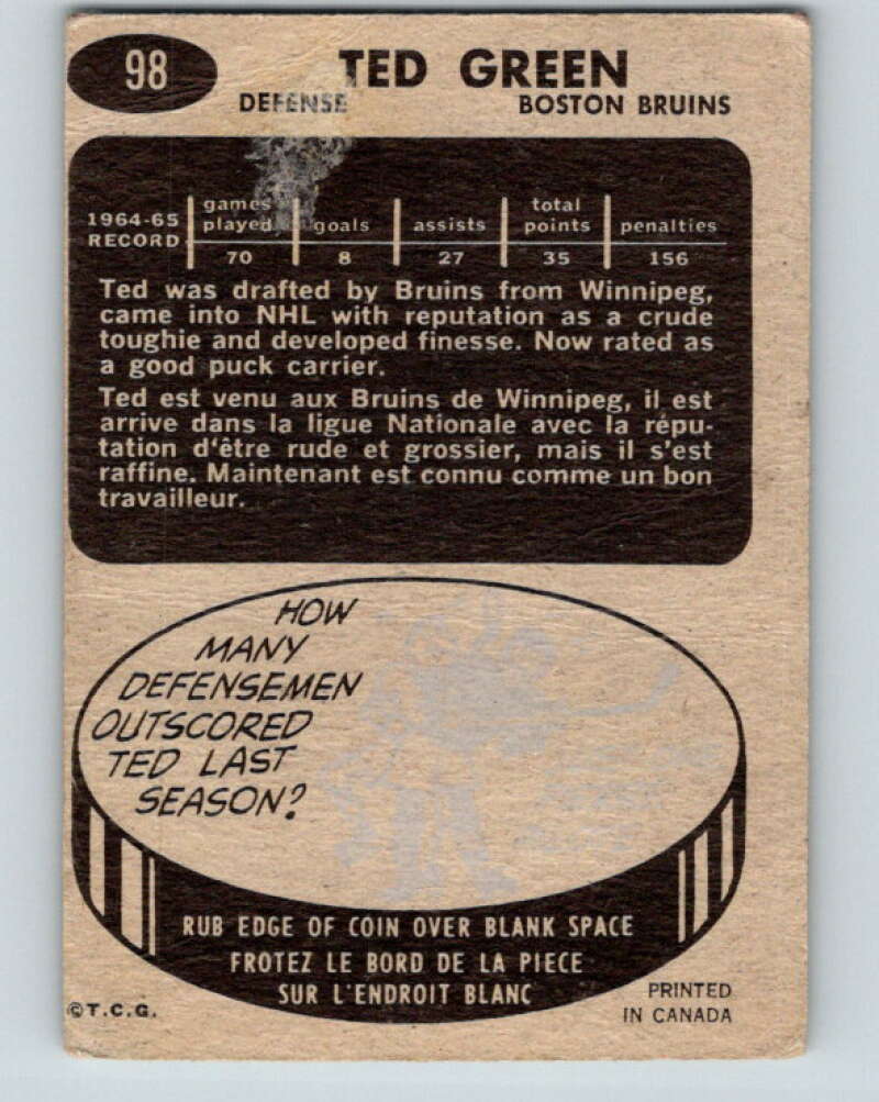 1965-66 Topps #98 Ted Green Boston Bruins V579