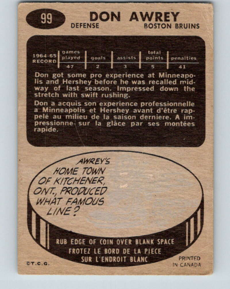 1965-66 Topps #99 Don Awrey RC Rookie Boston Bruins V580