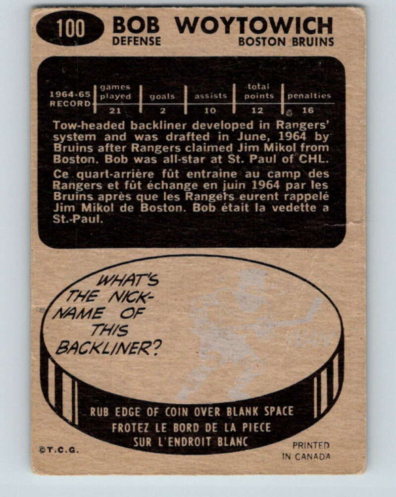 1965-66 Topps #100 Bob Woytowich RC Rookie Boston Bruins V581