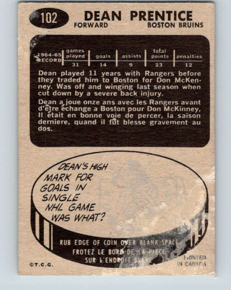 1965-66 Topps #102 Dean Prentice Boston Bruins V584