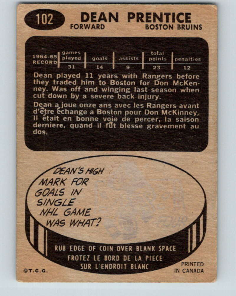 1965-66 Topps #102 Dean Prentice Boston Bruins V585