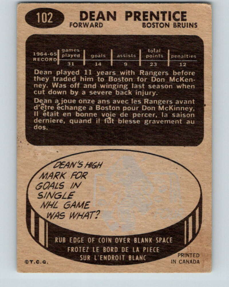 1965-66 Topps #102 Dean Prentice Boston Bruins V586