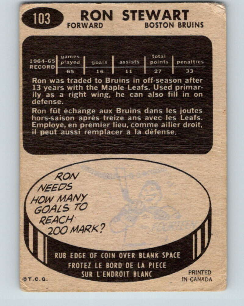 1965-66 Topps #103 Ron Stewart Boston Bruins V587