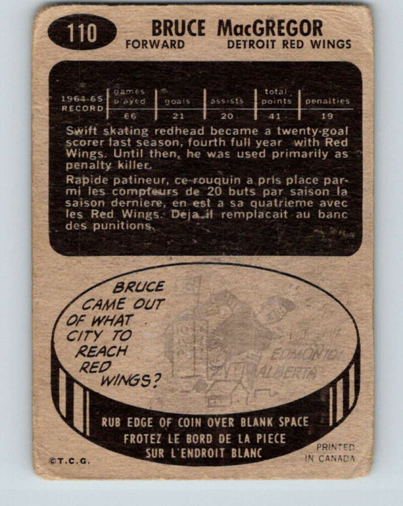 1965-66 Topps #110 Bruce MacGregor Detroit Red Wings V594