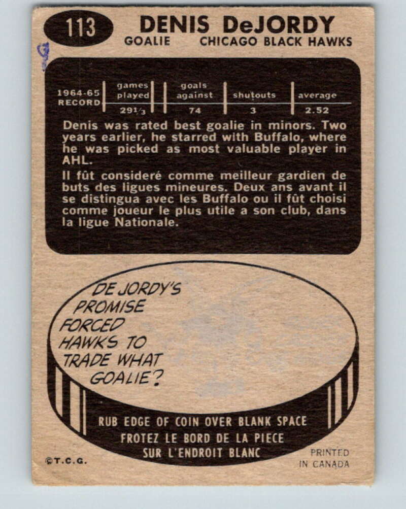 1965-66 Topps #113 Denis DeJordy Chicago Blackhawks V598