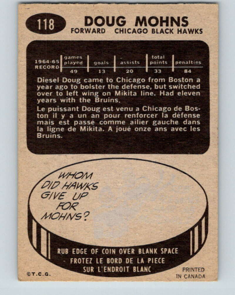 1965-66 Topps #118 Doug Mohns Chicago Blackhawks V602
