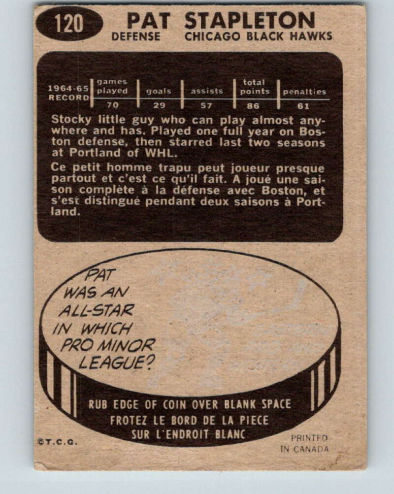1965-66 Topps #120 Pat Stapleton Chicago Blackhawks V604