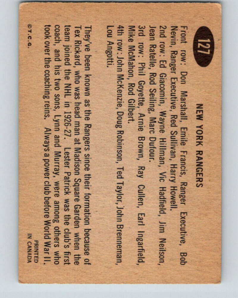 1965-66 Topps #127 New York Rangers Team New York Rangers V614