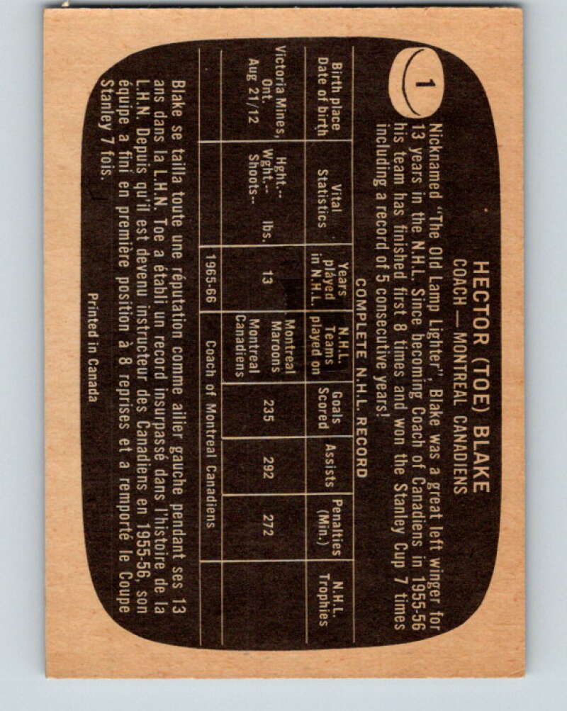 1966-67 Topps #1 Toe Blake CO Montreal Canadiens V618