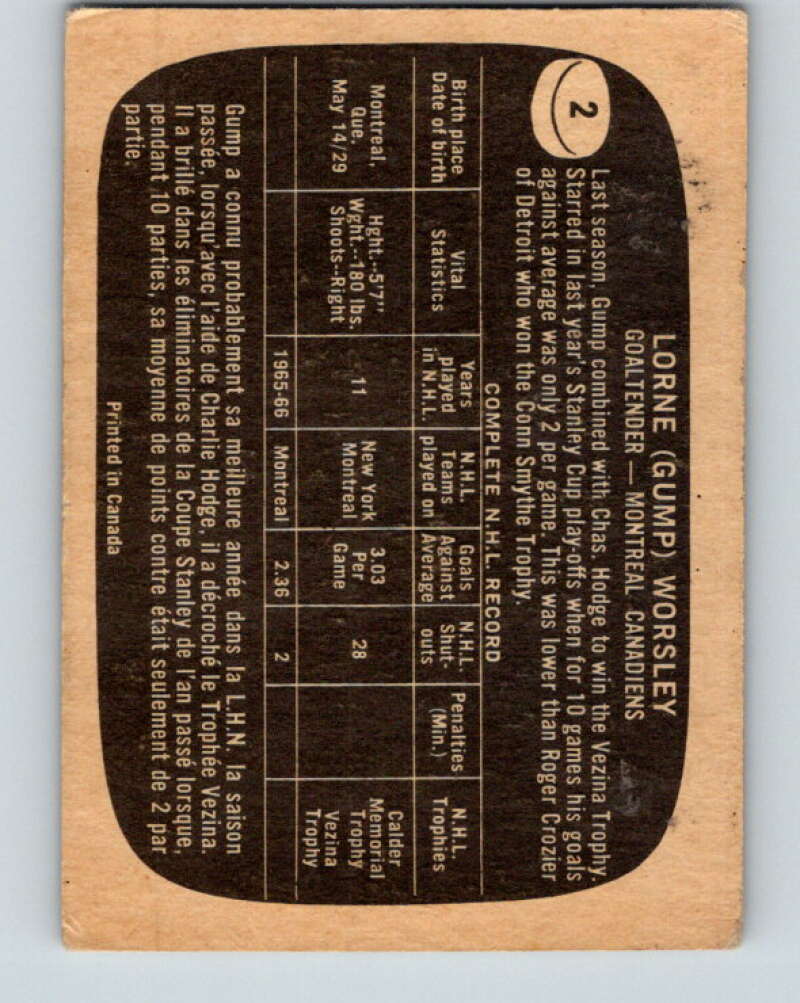 1966-67 Topps #2 Gump Worsley Montreal Canadiens V619