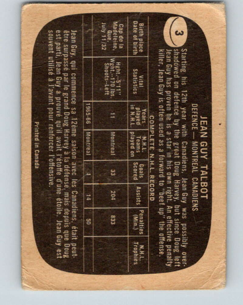 1966-67 Topps #3 Jean-Guy Talbot Montreal Canadiens V620