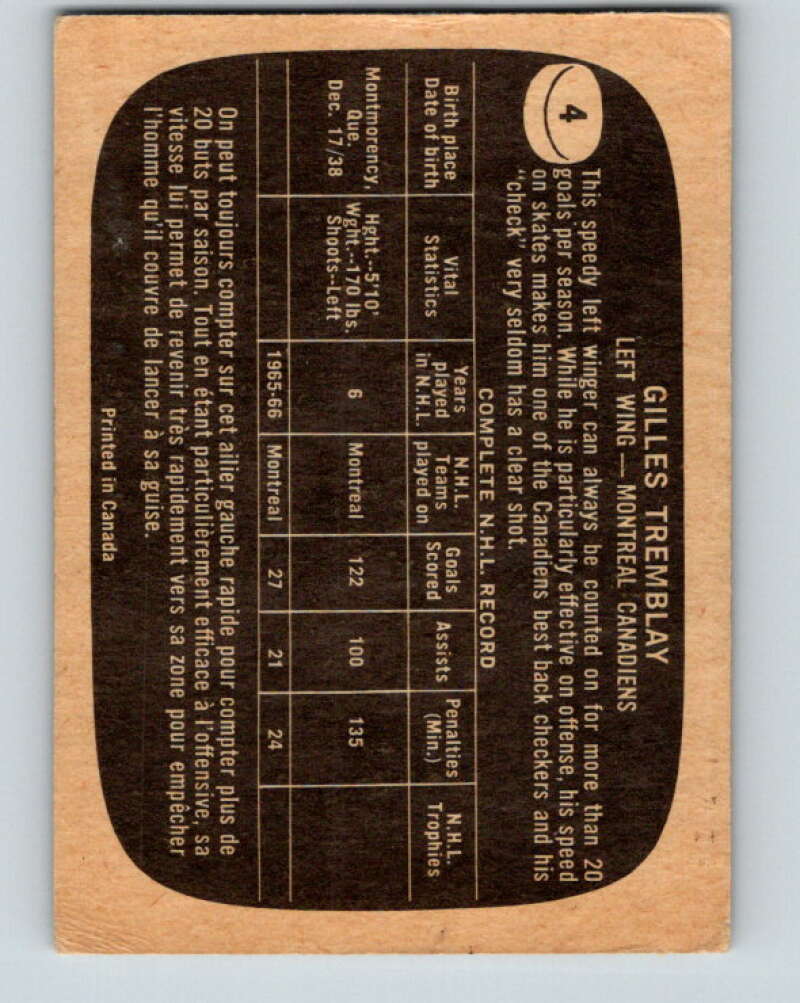 1966-67 Topps #4 Gilles Tremblay Montreal Canadiens V621