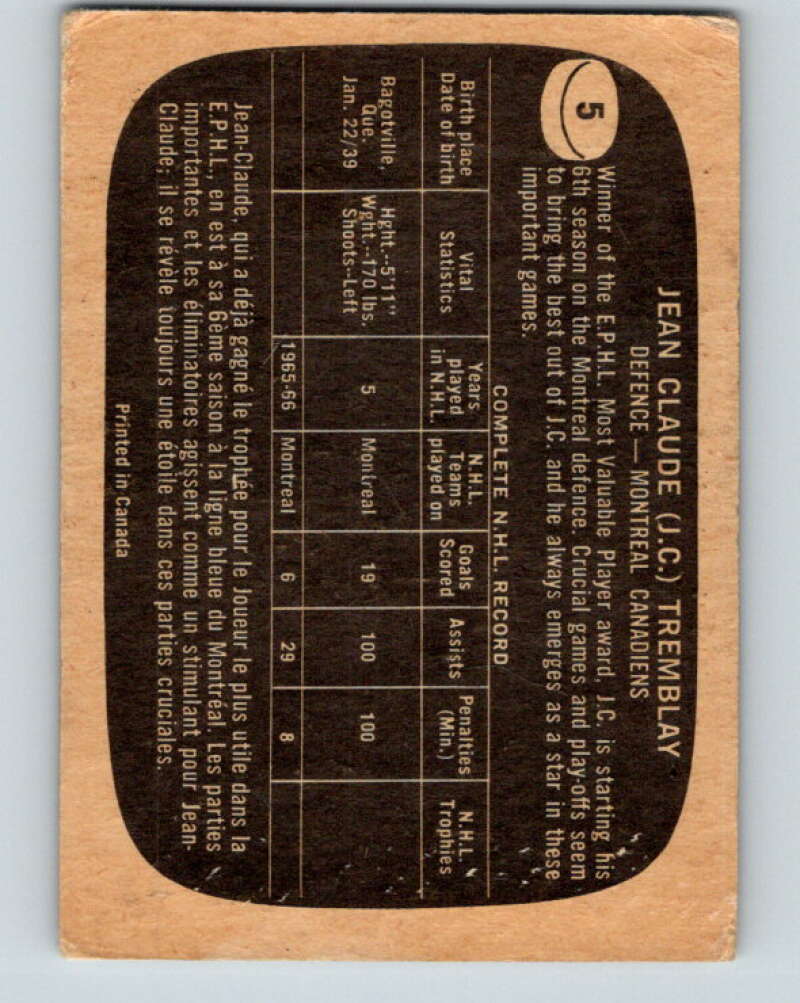 1966-67 Topps #5 J.C. Tremblay Montreal Canadiens V622