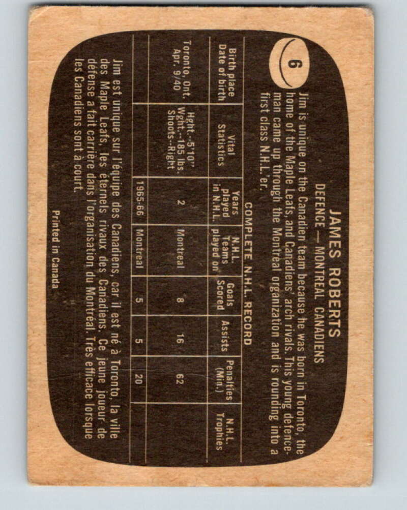 1966-67 Topps #6 Jim Roberts Montreal Canadiens V624
