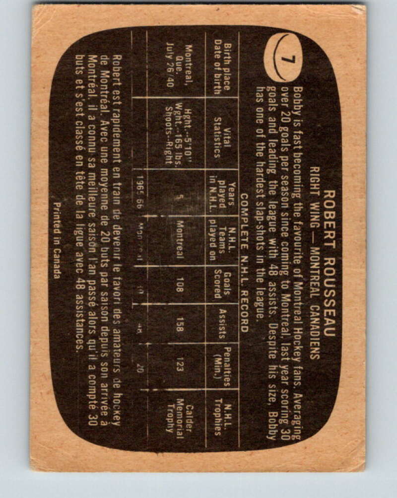 1966-67 Topps #7 Bobby Rousseau Montreal Canadiens V625