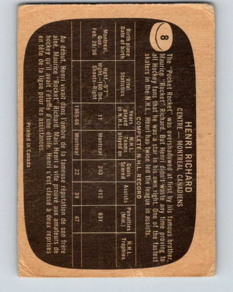 1966-67 Topps #8 Henri Richard Montreal Canadiens V626