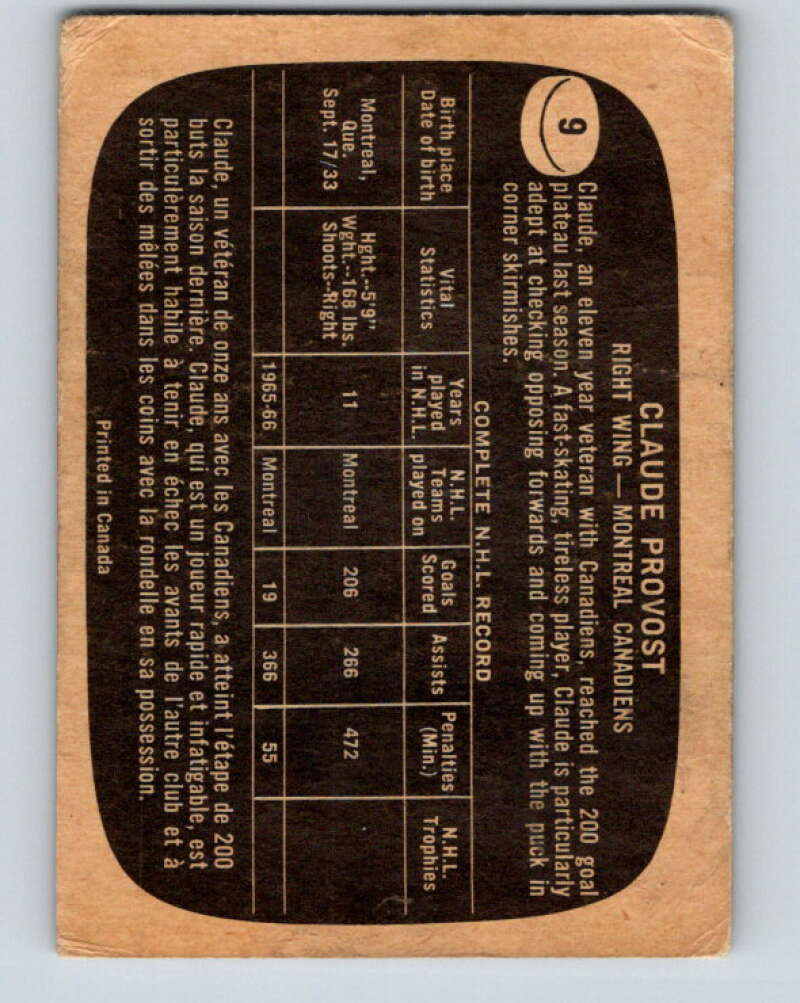 1966-67 Topps #9 Claude Provost Montreal Canadiens V627