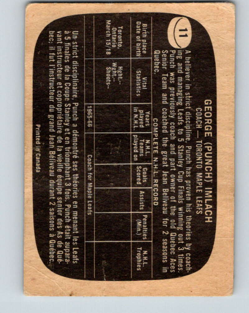 1966-67 Topps #11 Punch Imlach CO Toronto Maple Leafs V631
