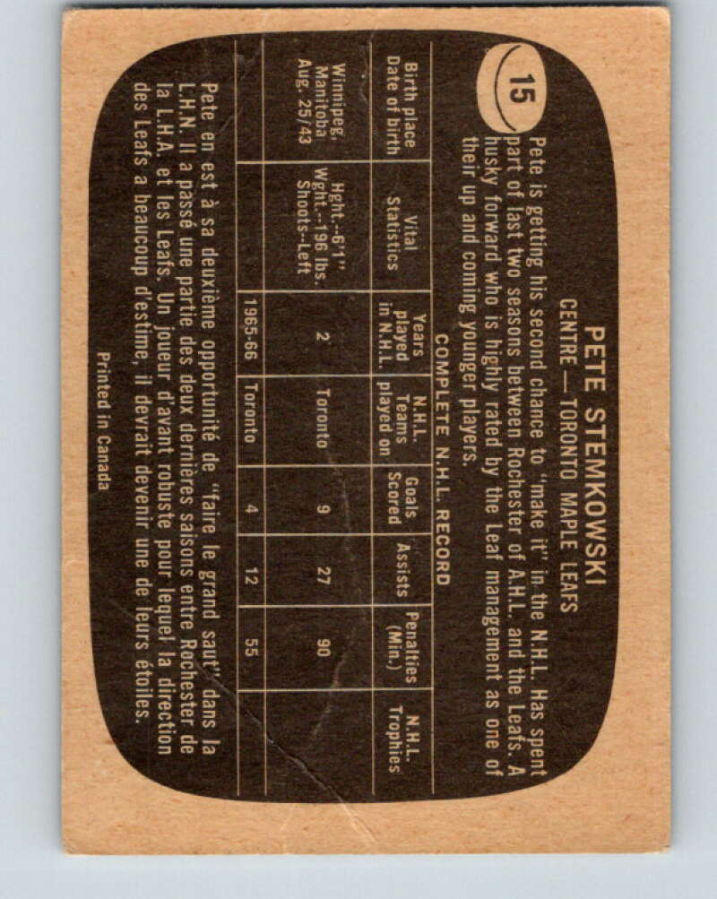 1966-67 Topps #15 Pete Stemkowski Toronto Maple Leafs V634