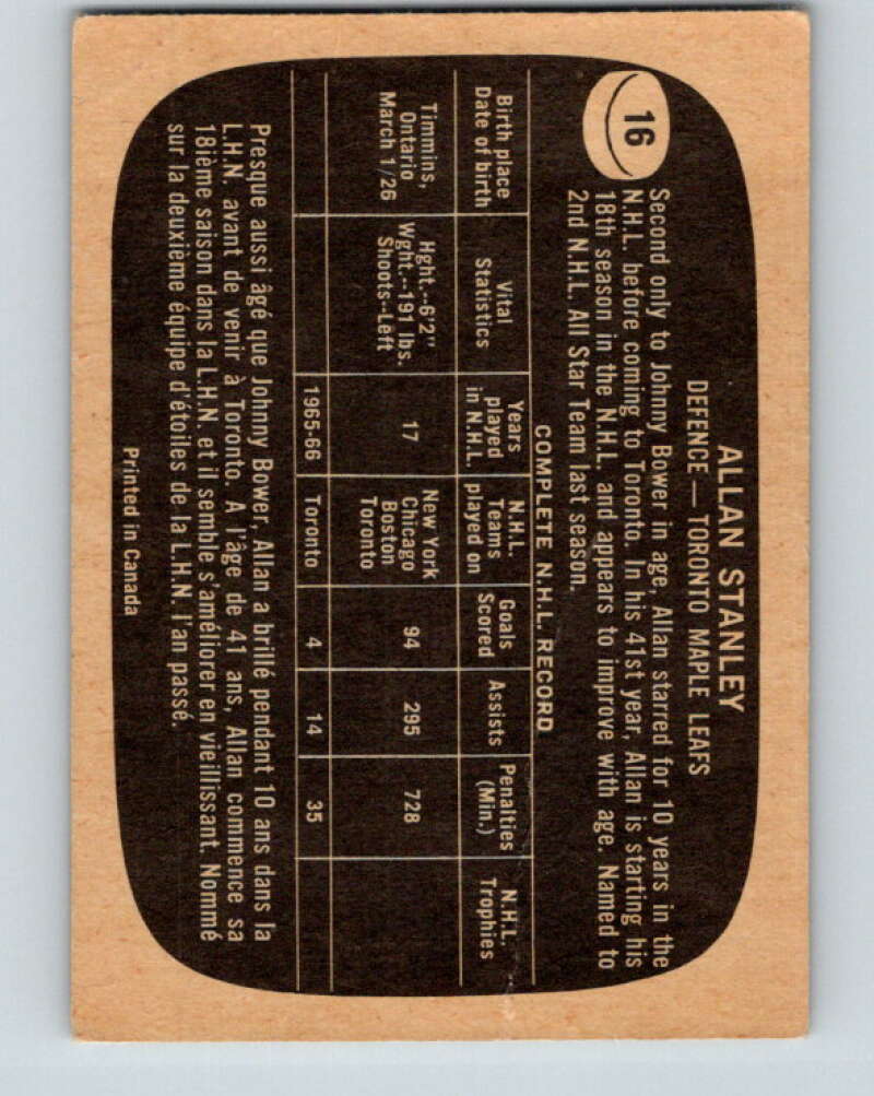 1966-67 Topps #16 Allan Stanley Toronto Maple Leafs V635