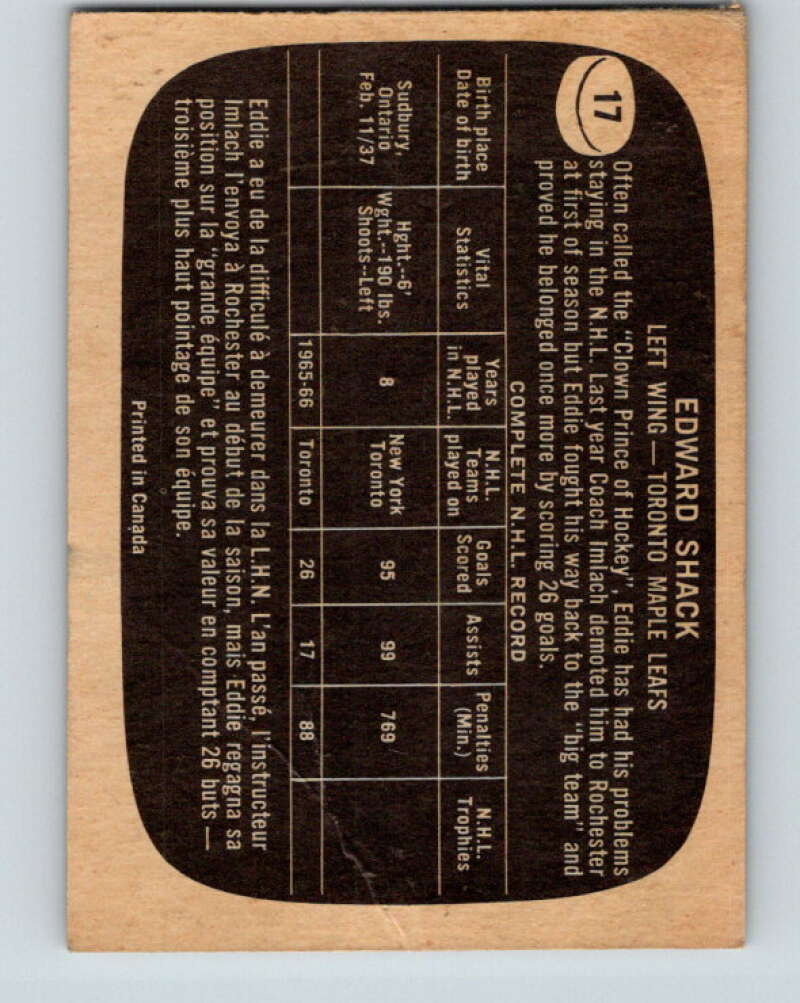 1966-67 Topps #17 Eddie Shack Toronto Maple Leafs V636