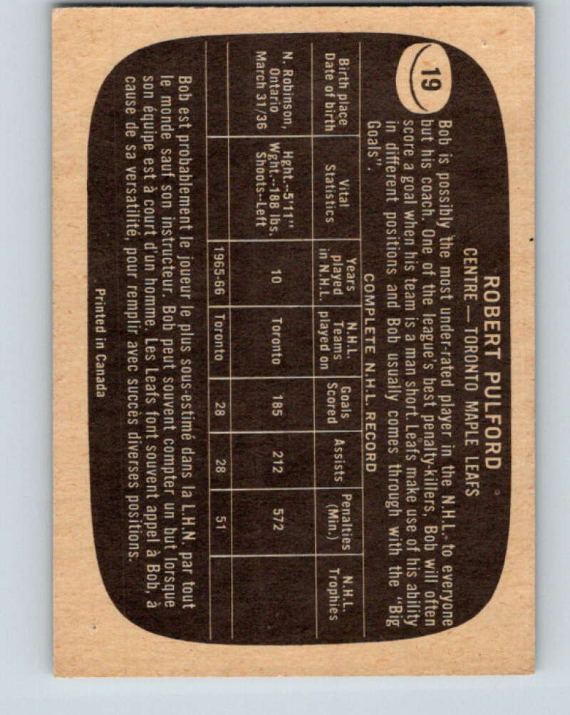 1966-67 Topps #19 Bob Pulford Toronto Maple Leafs V638