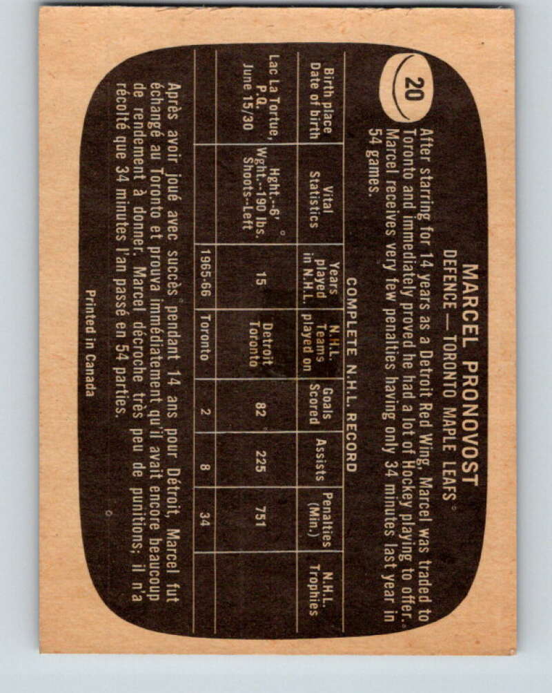 1966-67 Topps #20 Marcel Pronovost Toronto Maple Leafs V639