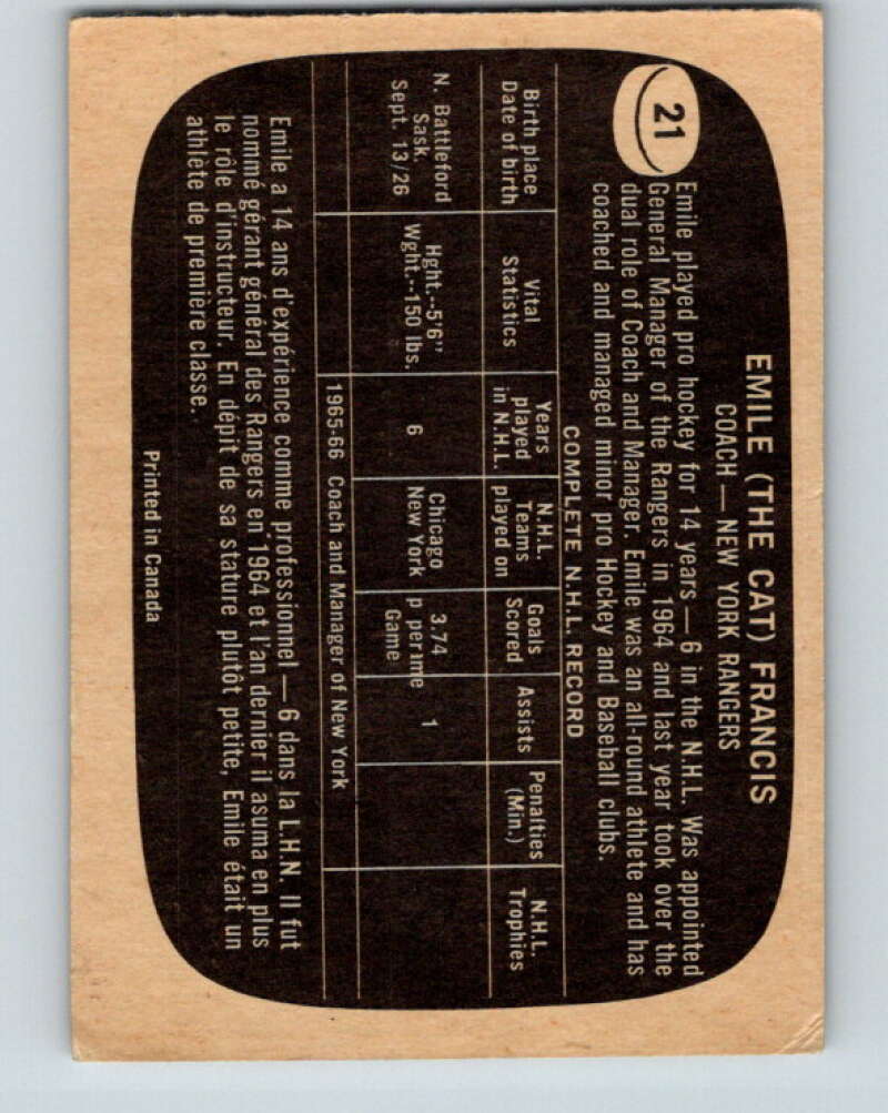 1966-67 Topps #21 Emile Francis RC Rookie New York Rangers V640