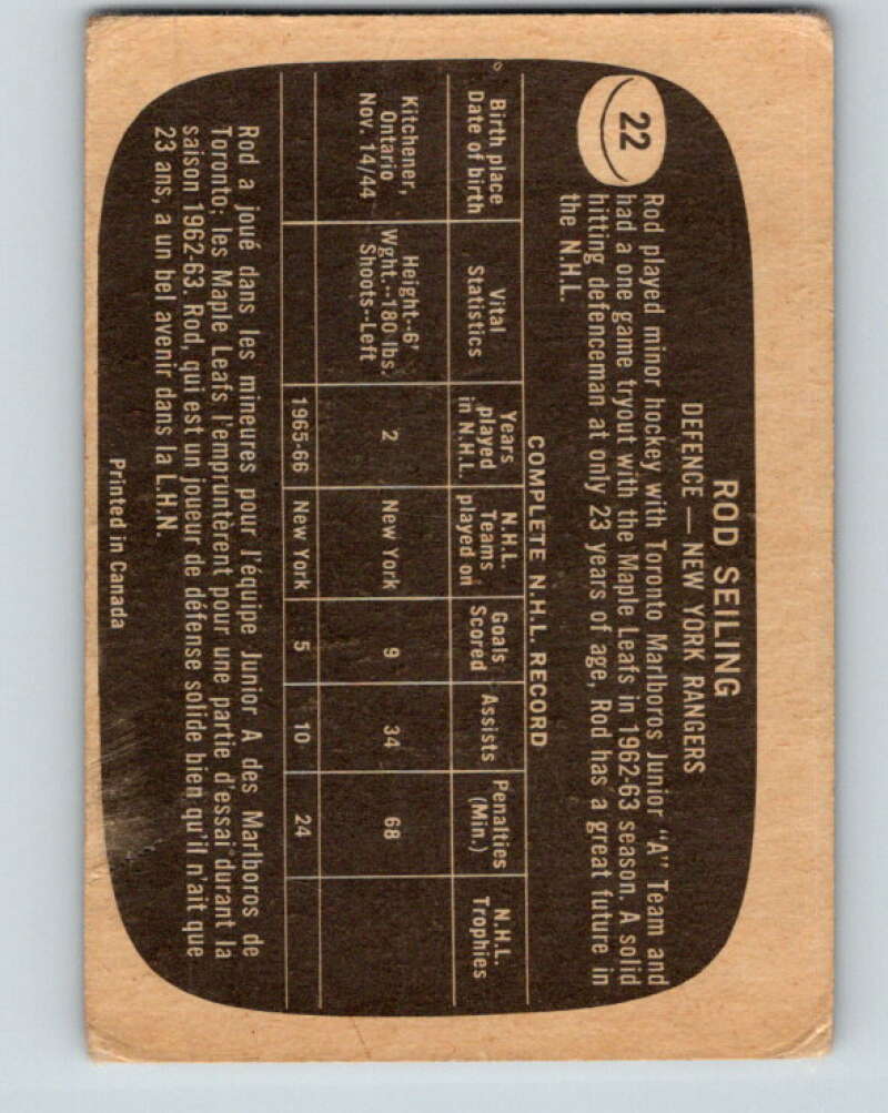 1966-67 Topps #22 Rod Seiling New York Rangers V641