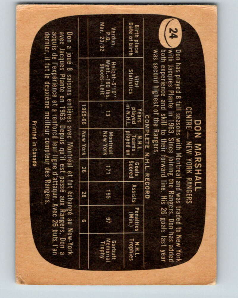 1966-67 Topps #24 Don Marshall New York Rangers V642