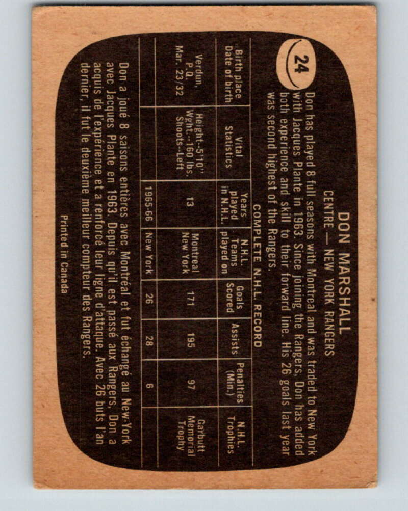 1966-67 Topps #24 Don Marshall New York Rangers V643