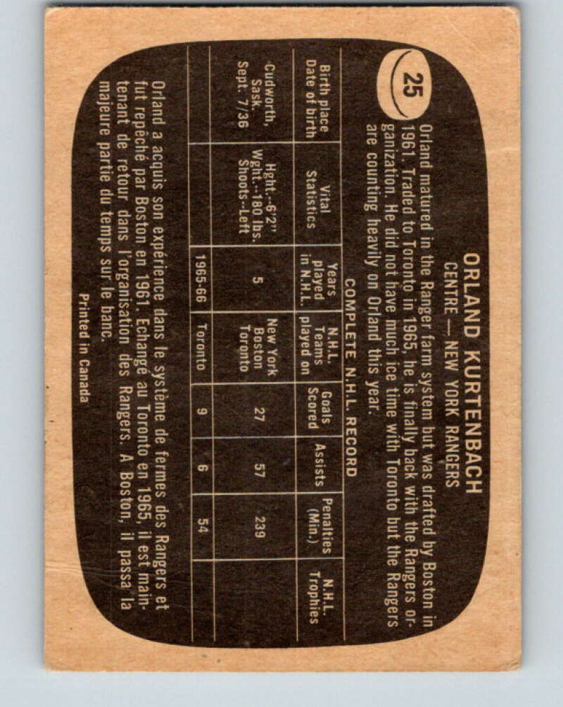 1966-67 Topps #25 Orland Kurtenbach New York Rangers V644
