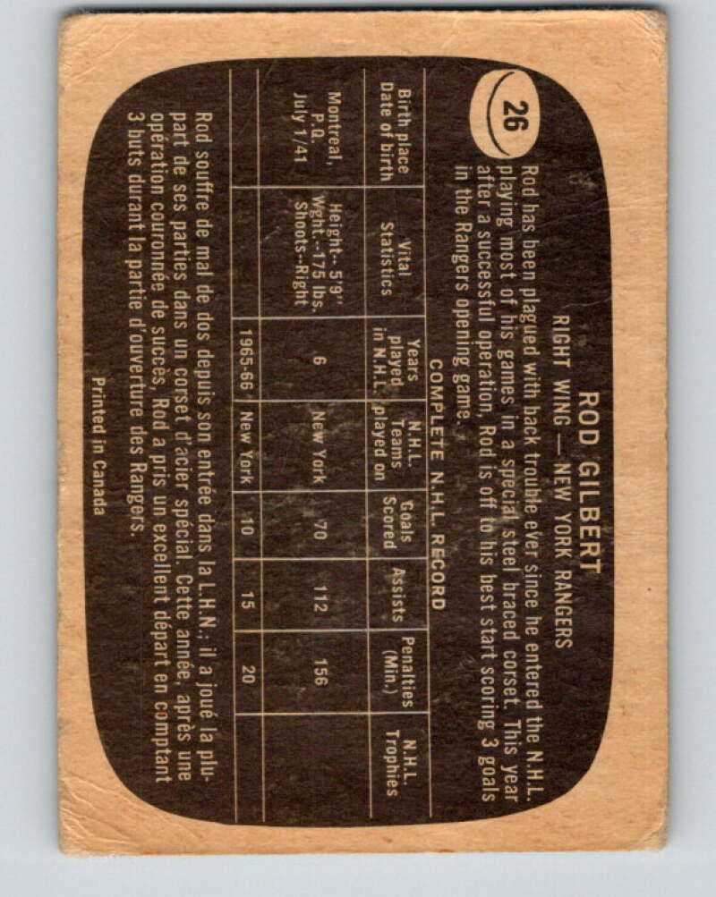 1966-67 Topps #26 Rod Gilbert New York Rangers V646
