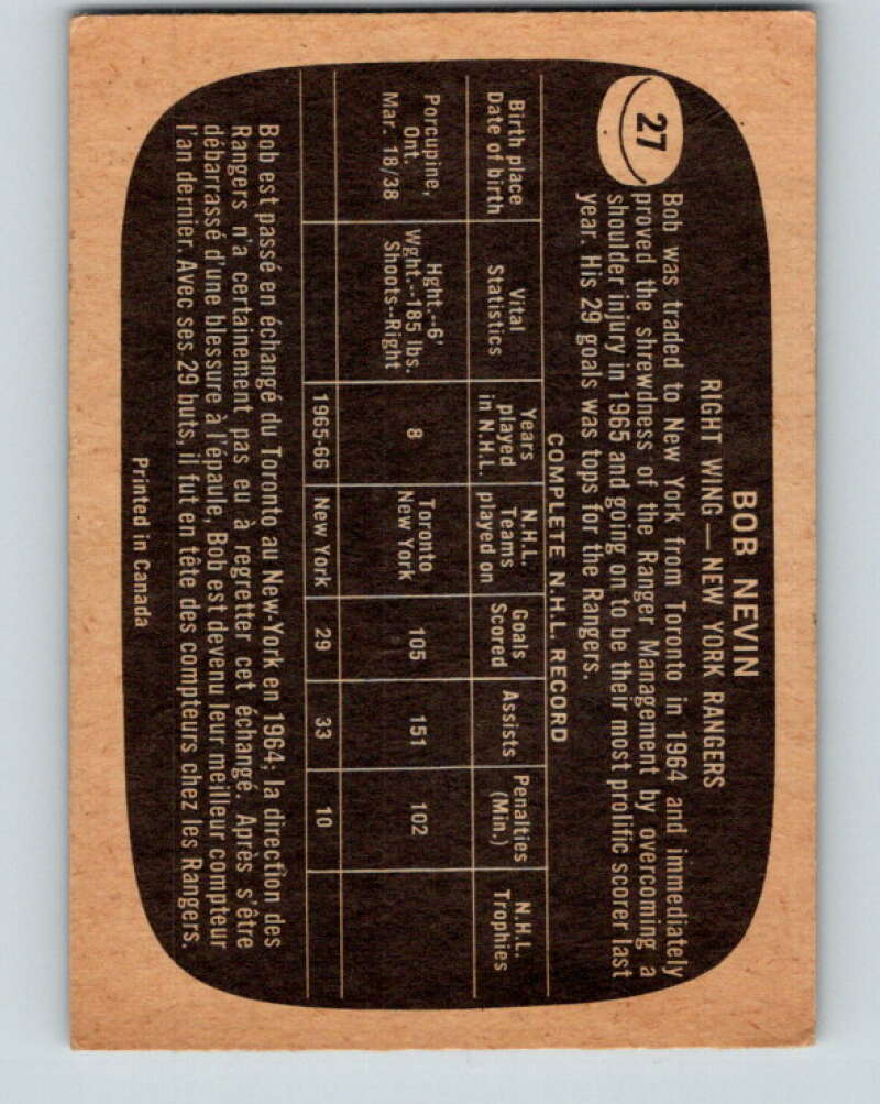 1966-67 Topps #27 Bob Nevin New York Rangers V647