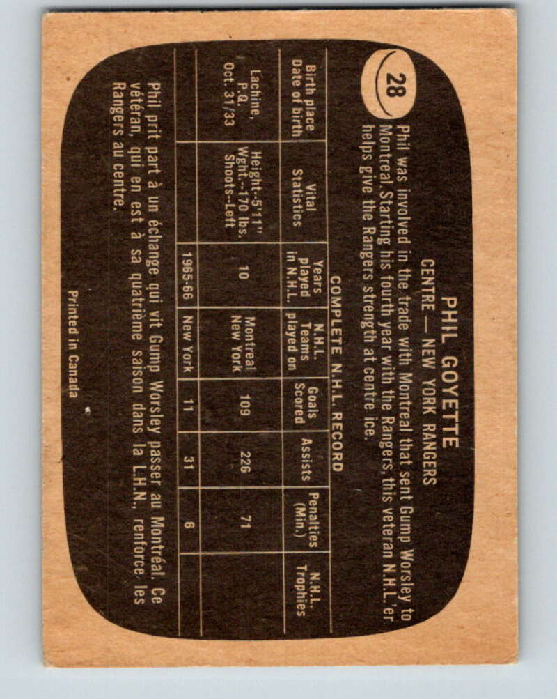 1966-67 Topps #28 Phil Goyette New York Rangers V648