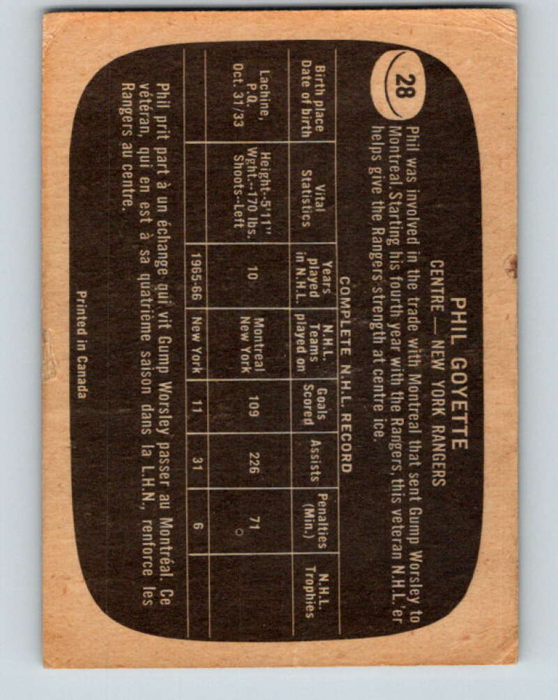 1966-67 Topps #28 Phil Goyette New York Rangers V649