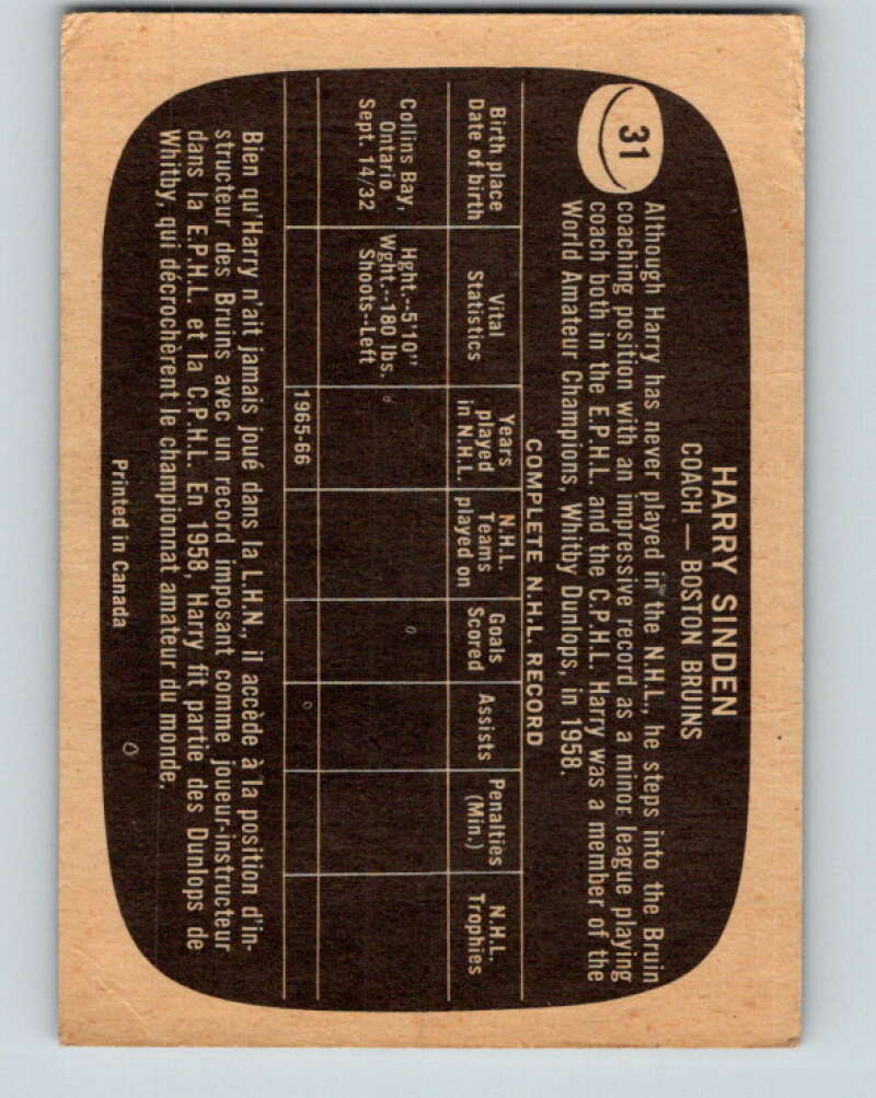 1966-67 Topps #31 Harry Sinden RC Rookie Boston Bruins V652
