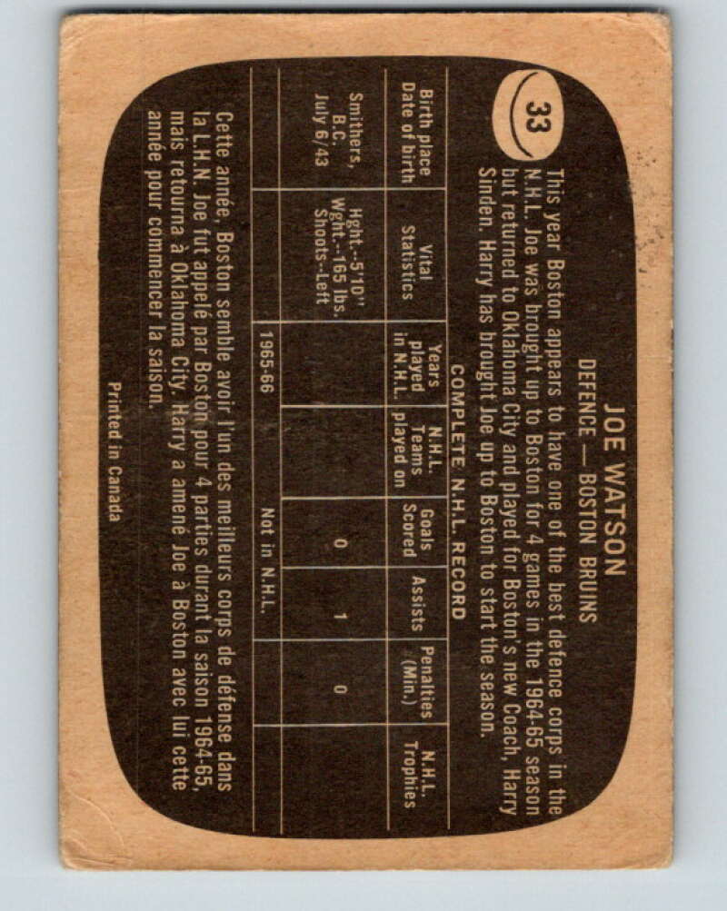 1966-67 Topps #33 Joe Watson RC Rookie Boston Bruins V654