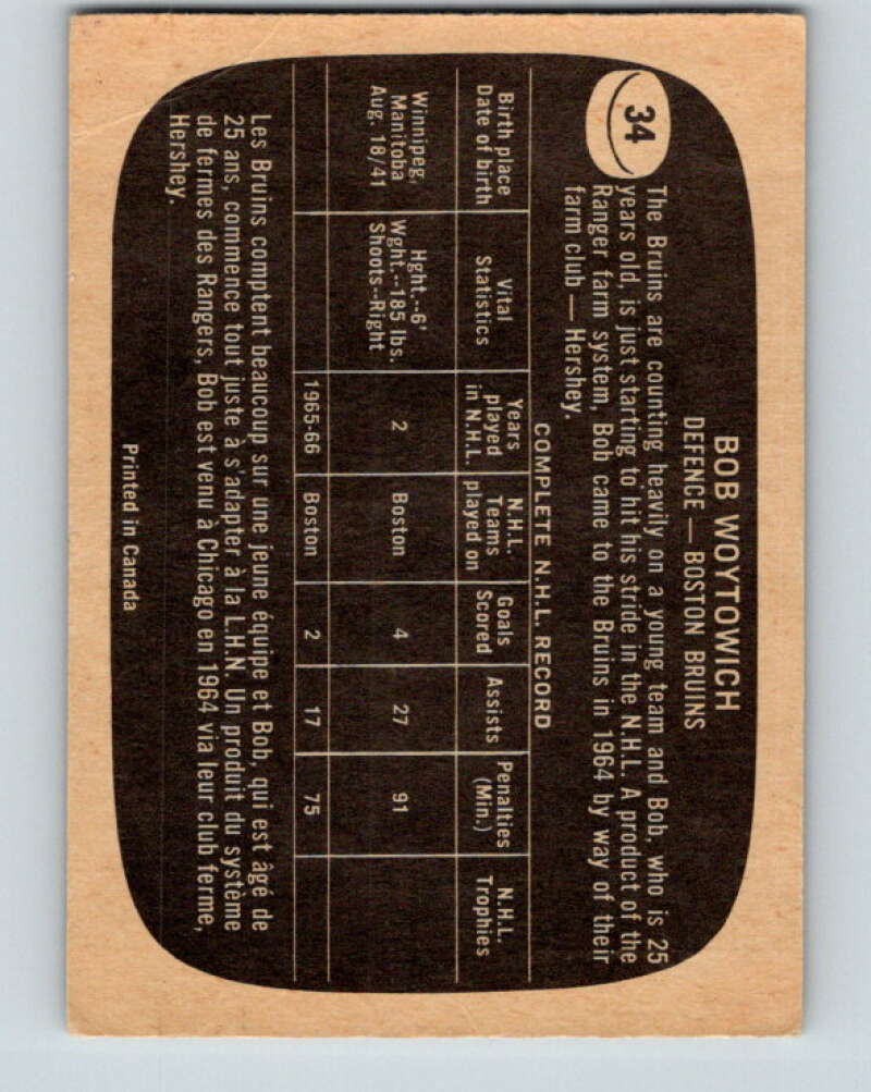 1966-67 Topps #34 Bob Woytowich Boston Bruins V655