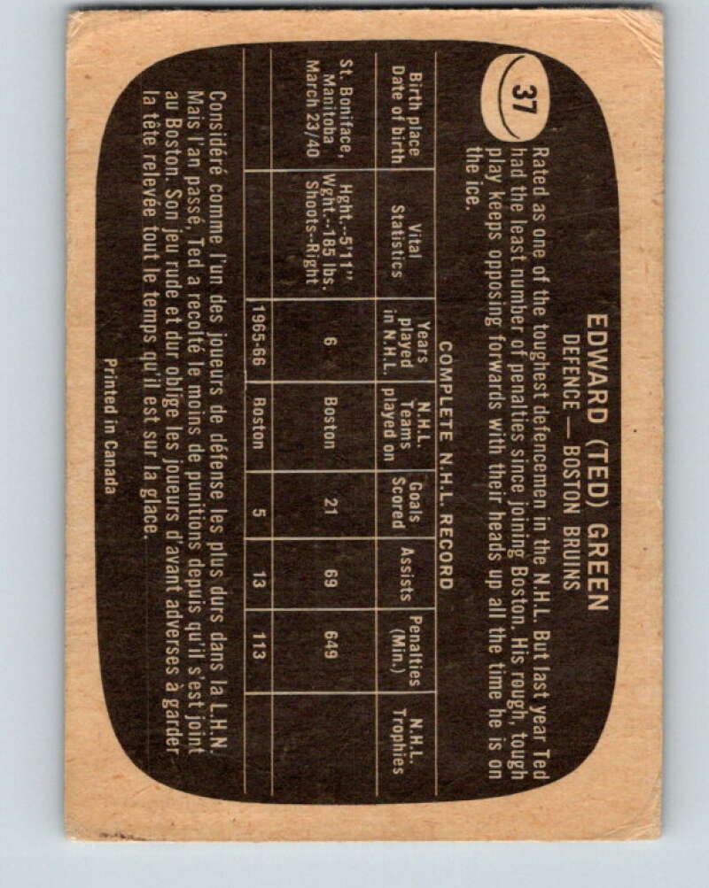 1966-67 Topps #37 Ted Green Boston Bruins V657