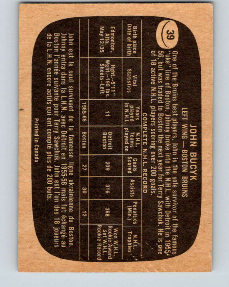 1966-67 Topps #39 Johnny Bucyk Boston Bruins V660