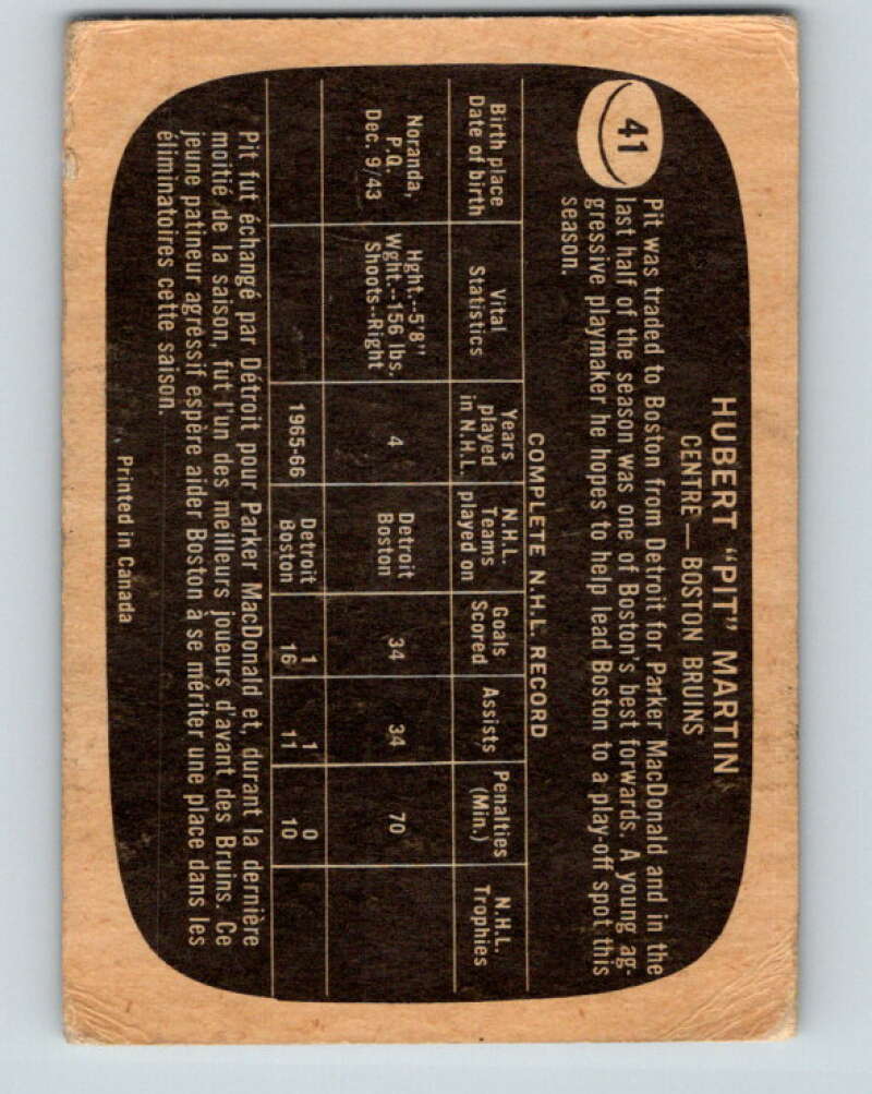 1966-67 Topps #41 Pit Martin Boston Bruins V662