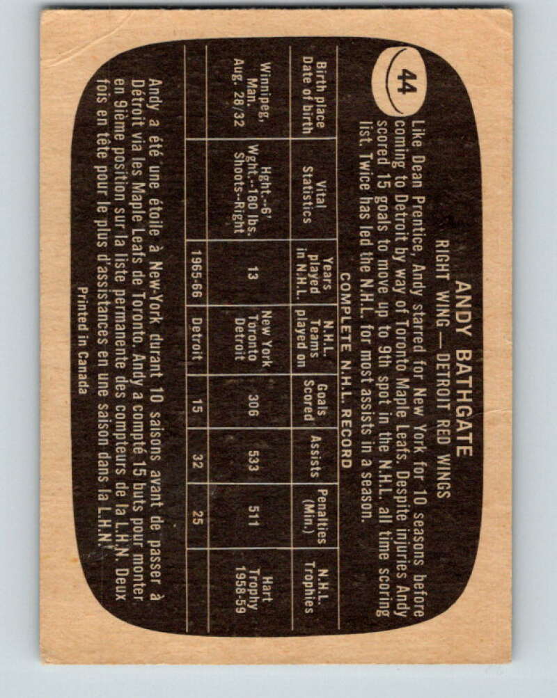 1966-67 Topps #44 Andy Bathgate Detroit Red Wings V665