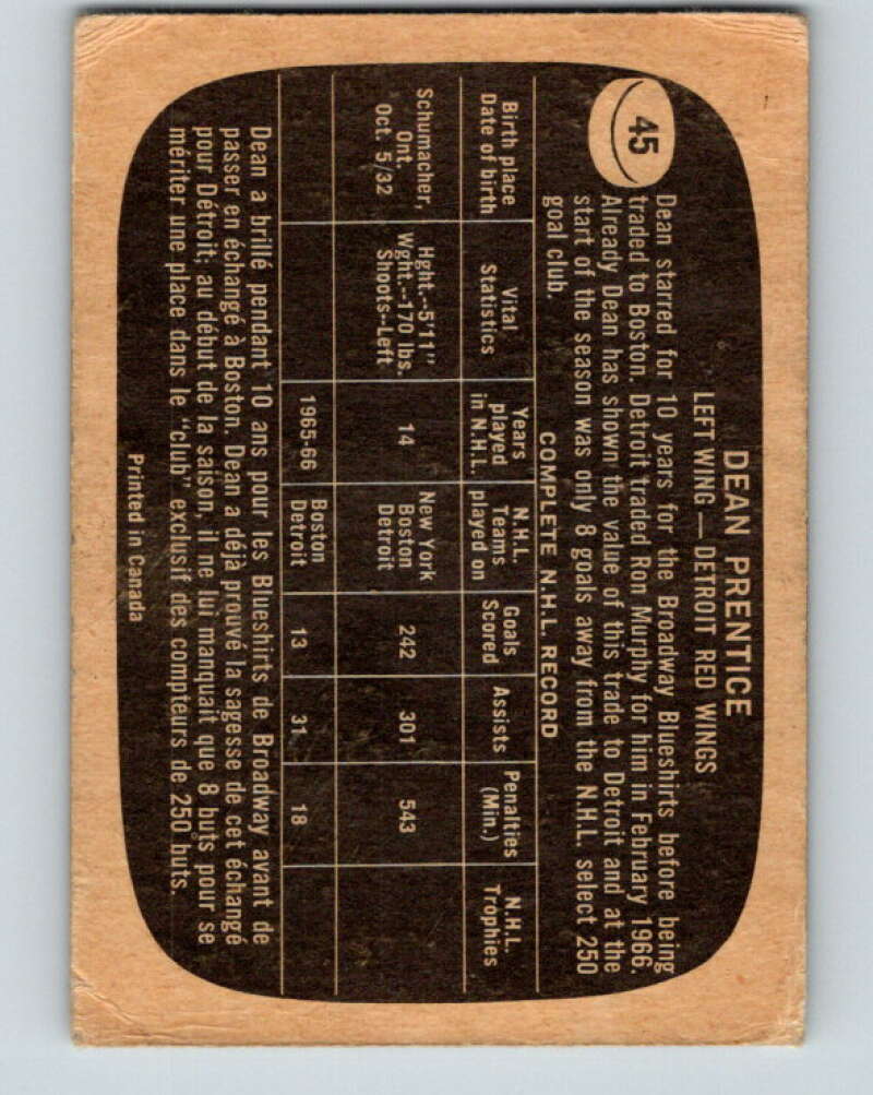 1966-67 Topps #45 Dean Prentice Detroit Red Wings V666