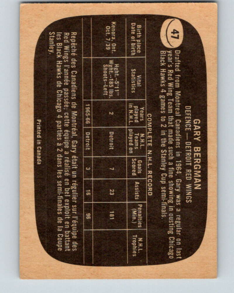 1966-67 Topps #47 Gary Bergman Detroit Red Wings V668