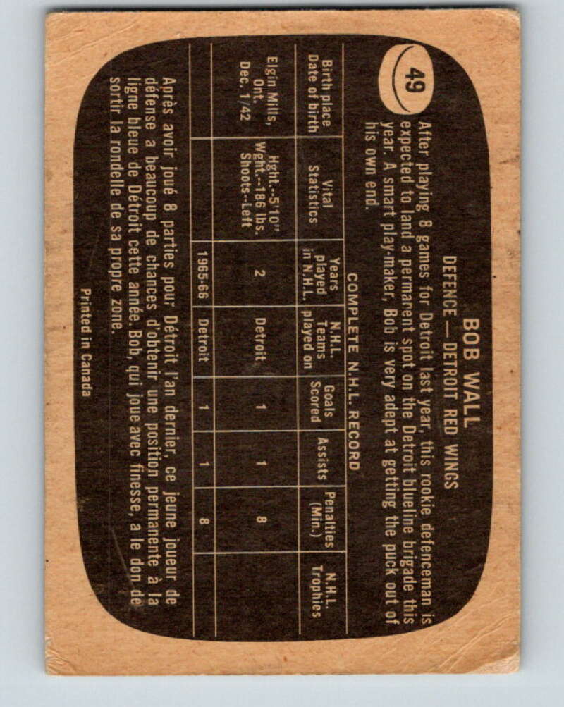 1966-67 Topps #49 Bob Wall RC Rookie Detroit Red Wings V670