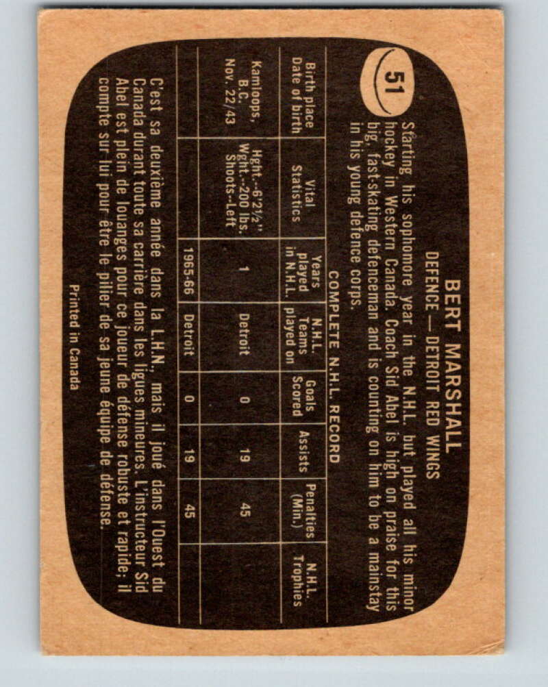 1966-67 Topps #51 Bert Marshall RC Rookie Detroit Red Wings V672