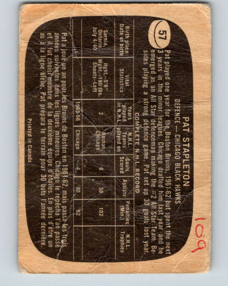 1966-67 Topps #57 Pat Stapleton Chicago Blackhawks V681