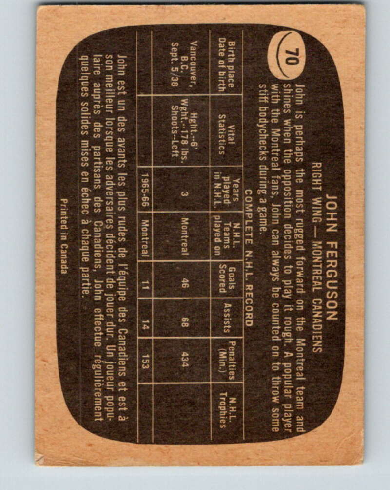 1966-67 Topps #70 John Ferguson Montreal Canadiens V692