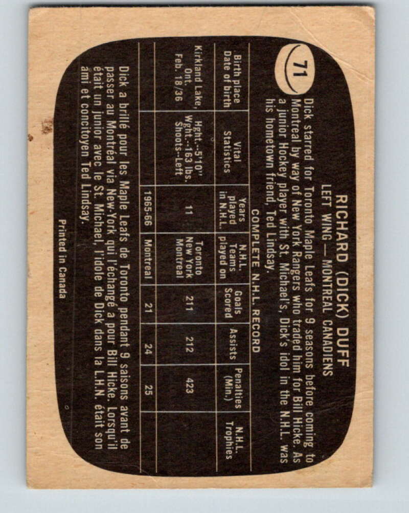 1966-67 Topps #71 Dick Duff Montreal Canadiens V693